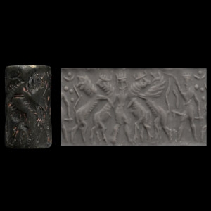 Akkadian Stone Cylinder Seal with Divine Hero
