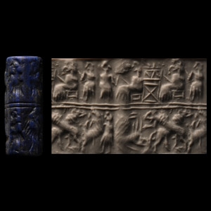 Sumerian Lapis Lazuli Cylinder Seal with Gods and Attendant