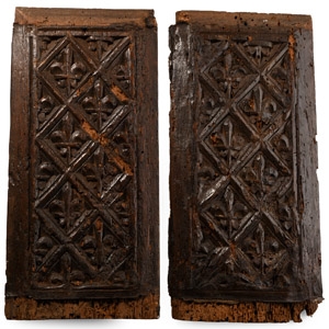 Pair of Carved Wainscot Panels with Fleurs-de-Lys and Geometric Trellis Motifs