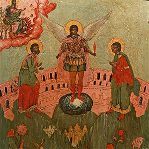 Large Icon of Archangel Michael Flanked by Saints Florus and Laurus