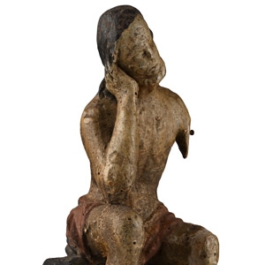 Post Medieval Painted Wooden Statue of Pensive Christ