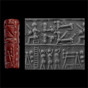 Levantine Style Red Jasper Cylinder Seal with Recumbent Quadrupeds