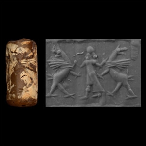 Late Assyrian Yellow Chalcedony Cylinder Seal with Standing God