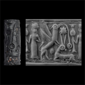 Mitanni Hematite Cylinder Seal with Standing Deity Opposing Sphinx