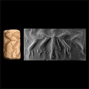 Early Akkadian Shell Cylinder Seal with Divine Hero
