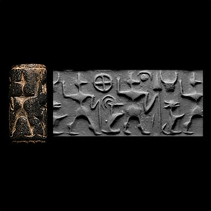 North-Syrian Black Stone Cylinder Seal with Storm God