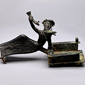 Parthian Bronze Batillum with a Reclining Banqueteer Holding a Skyphos and Rhyton