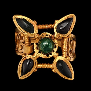 Graeco-Roman Gold Ring with Garnets and Emeralds