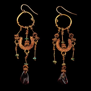 Roman Gold Earring Pair with Gemstone Drops