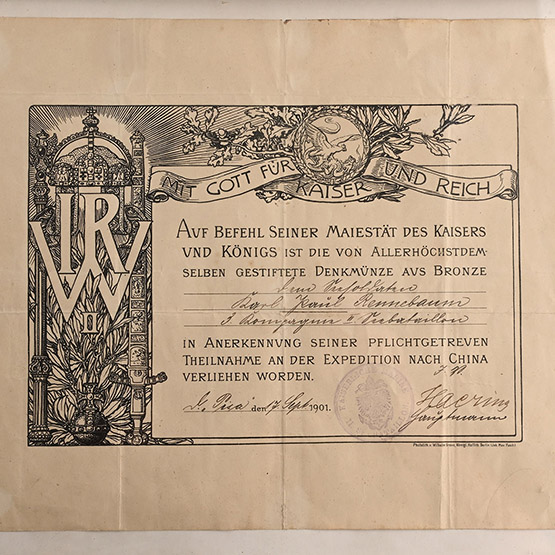 Framed German Expedition to China Medal Certificate