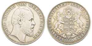 German States. Württemberg (Kingdom), Karl I AR Vereinsthaler.