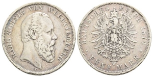 German States. Württemberg (Kingdom), Karl I AR 5 Mark.