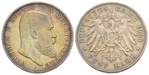 German States. Württemberg (Kingdom), Wilhelm II AR 5 Mark.