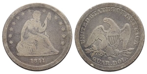 United States of America AR Seated Liberty Quarter Dollar or 25 Cents.