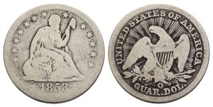 United States of America AR Seated Liberty Quarter Dollar or 25 Cents.