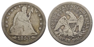 United States of America AR Seated Liberty Quarter Dollar or 25 Cents.