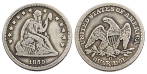 United States of America AR Seated Liberty Quarter Dollar or 25 Cents.