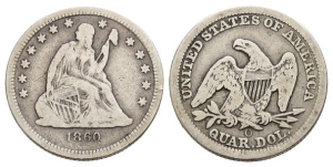 United States of America AR Seated Liberty Quarter Dollar or 25 Cents.