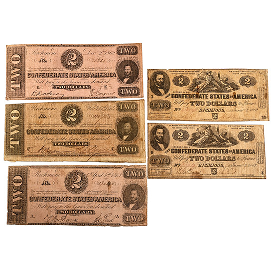 Confederate States of America. Group of Five [2] Two Dollars T42, T54, T61 & T70.