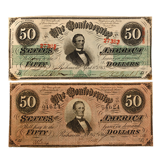 Confederate States of America. Group of Two [2] Fifty Dollars T50 & T66.