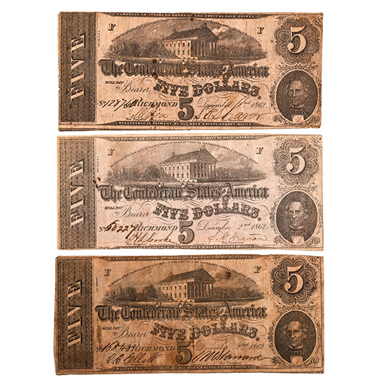 Confederate States of America. Group of Three [3] Five Dollars T53.