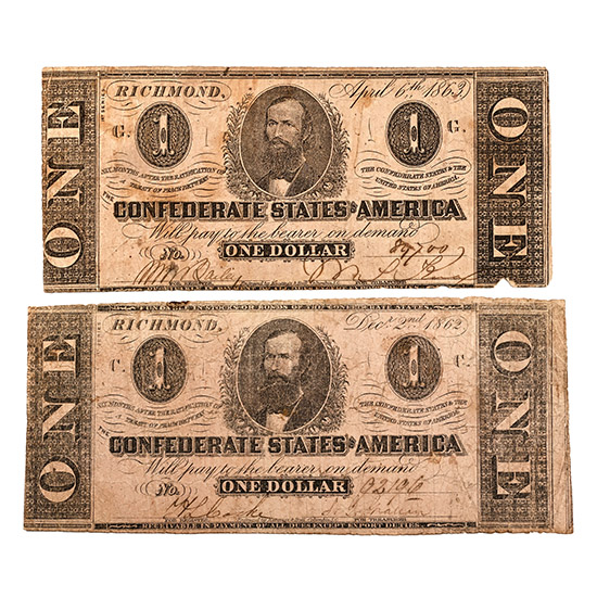 Confederate States of America. Group of Two [2] One Dollar T55 & T62.