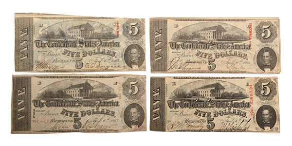 Confederate States of America. Group of Four [4] Five Dollars T60.