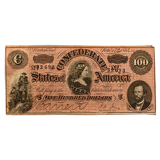 Confederate States, 100 Dollar T65 Banknote.