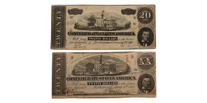 Confederate States of America. Group of Two [2] Twenty Dollars T58 & T67.