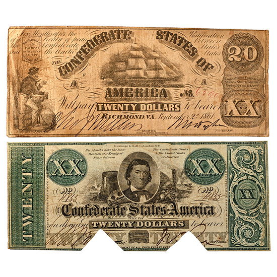 Confederate States of America. Group of Two [2] Twenty Dollars Banknotes.