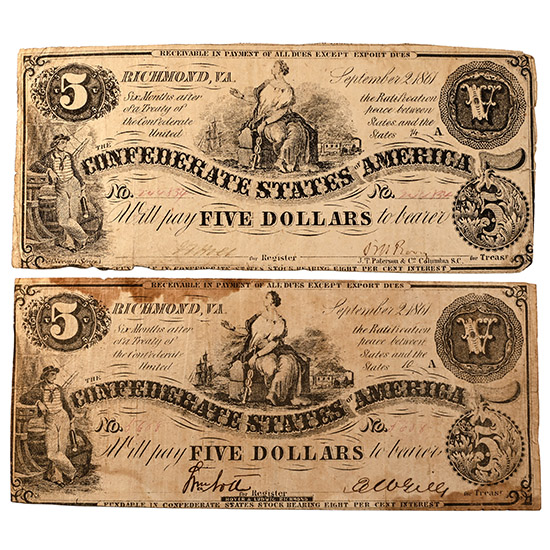 Confederate States of America. Group of Two [2] Five Dollars T36.