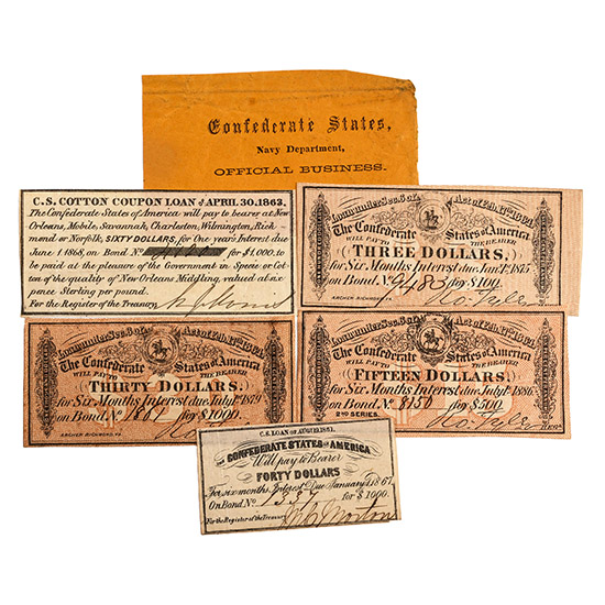 Confederate States of America. Group of Five [5] Interest Coupon and Banknotes.