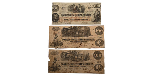 Confederate States of America. Group of Three [3] One Hundred Dollars T39 & T41.