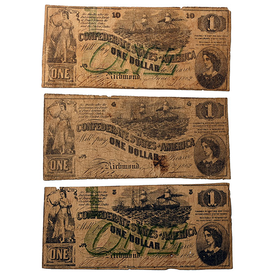 Confederate States of America. Group of Three [3] One Dollar Banknotes.
