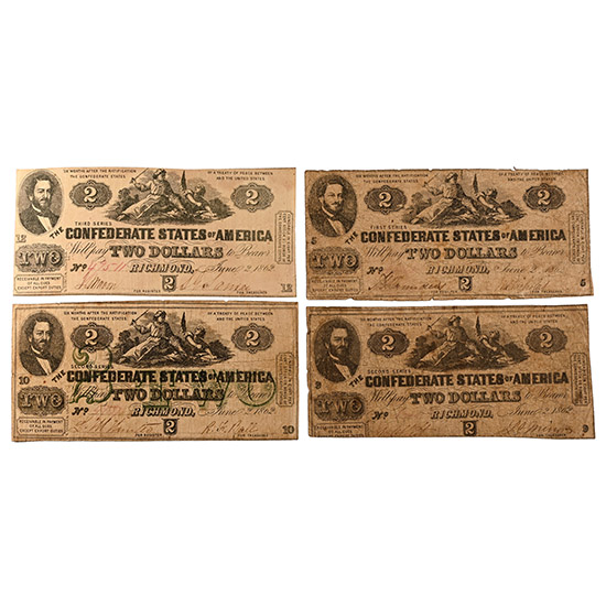 Confederate States of America. Group of Four [4] Two Dollars Banknotes.