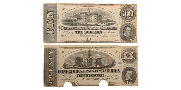 Confederate States of America. Group of Two [2] Ten Dollars and 20 Dollars.