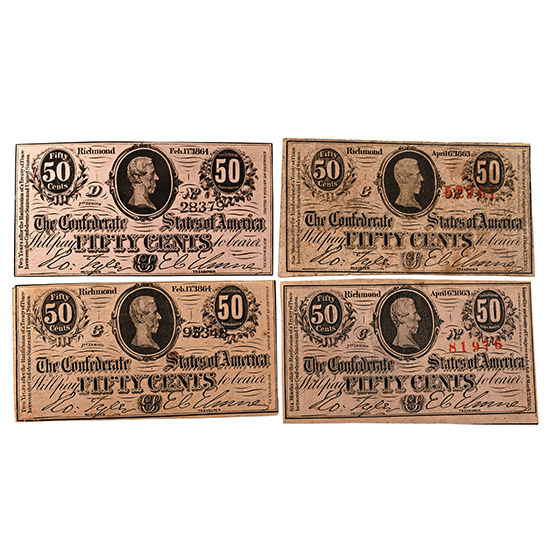 Confederate States of America. Group of Four [4] Fifty Cents Banknotes.