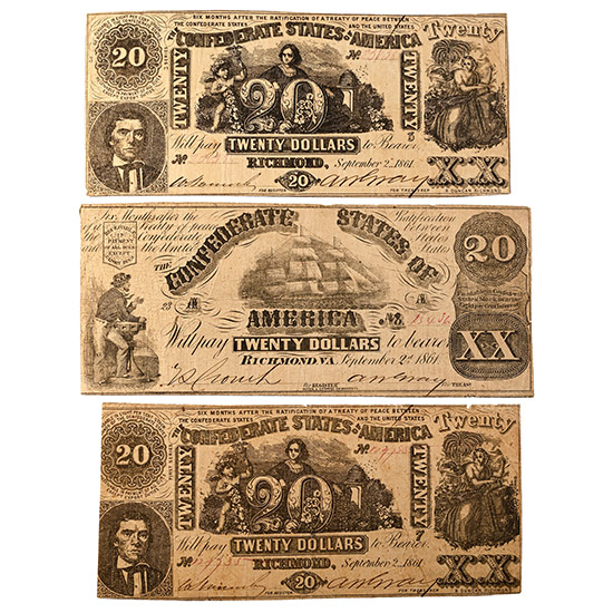 Confederate States. 3 x 20 Dollar Banknotes [3].