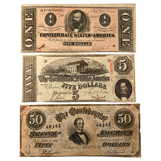 Confederate States of America. Group of Three [3] One, Five and Fifty Dollars Banknotes.