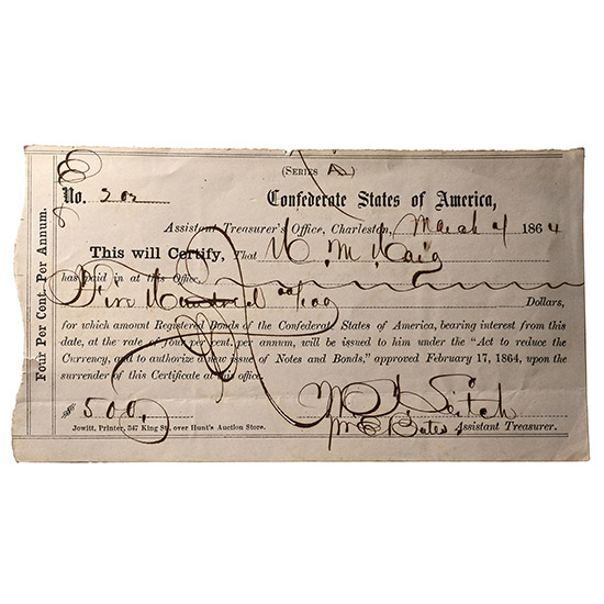 Confederate States of America, 500 Dollars Interim Depostory Receipt.
