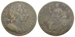 Great Britain. Stuart (Orange), William III & Mary CU Halfpenny.