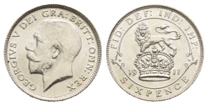 Great Britain. Windsor, George V AR Sixpence.