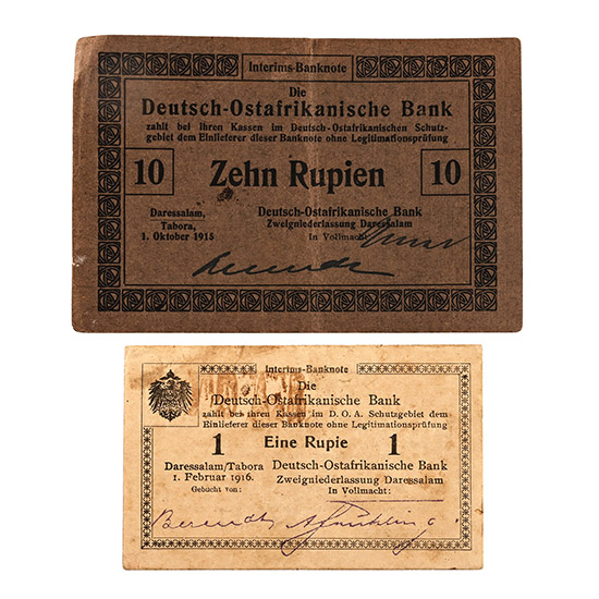 German East Africa. Group of Two [2] One & Ten Rupien Banknotes.