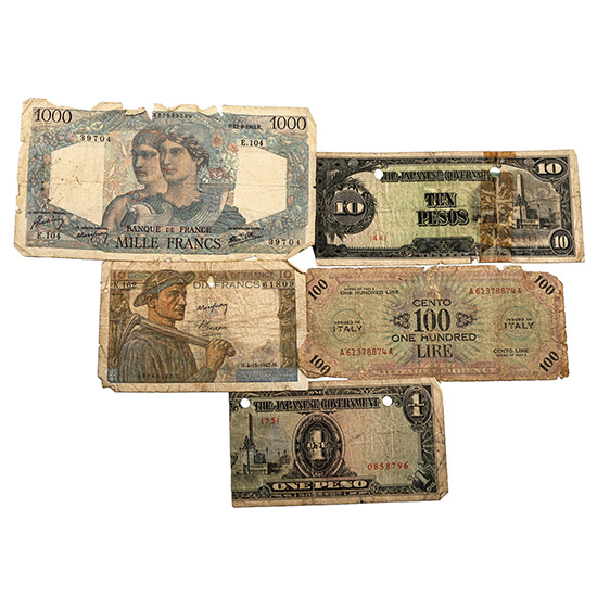 Group of Five [5] World Banknotes.