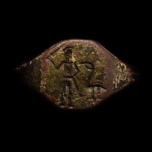 Roman Bronze Ring with Gladiator and Bird