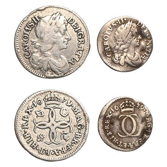 England. Stuart, Group of Two [2] Charles II AR Fourpence and Twopence Coins.