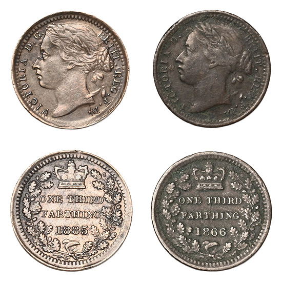 Great Britain. Hanover, Group of Two [2] Victoria CU One Third Farthing Coins.