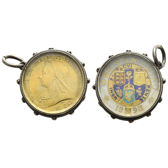 Great Britain. Hanover, Victoria Enamelled and Gilded Shilling Pendant.