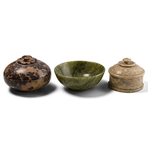 Chinese Carved Soapstone Miniature Bowl and Lidded Vessel Group