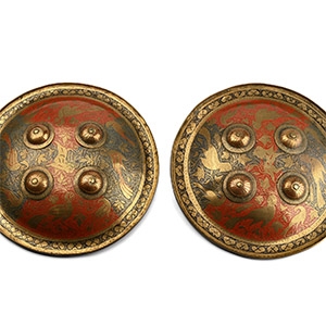 Indo-Persian Enamelled Brass Shield Pair